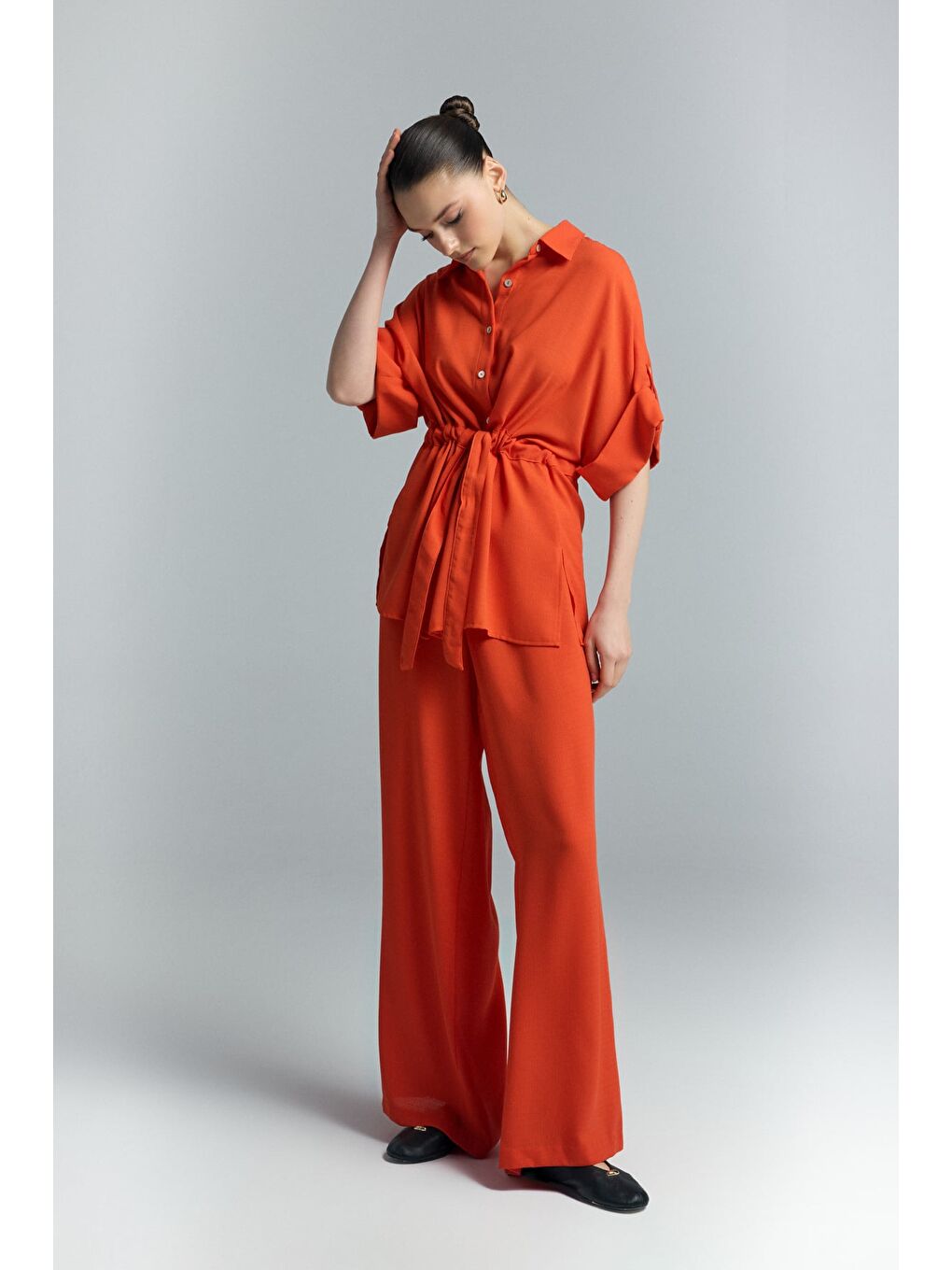 Turuncu Beli Bağlamalı Kimono Gömlek - Oranj-3