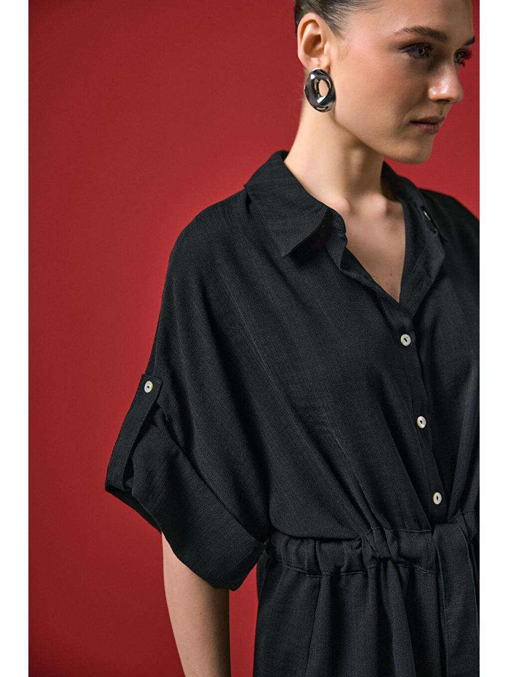 Beli Bağlamalı Kimono Gömlek - Siyah-5