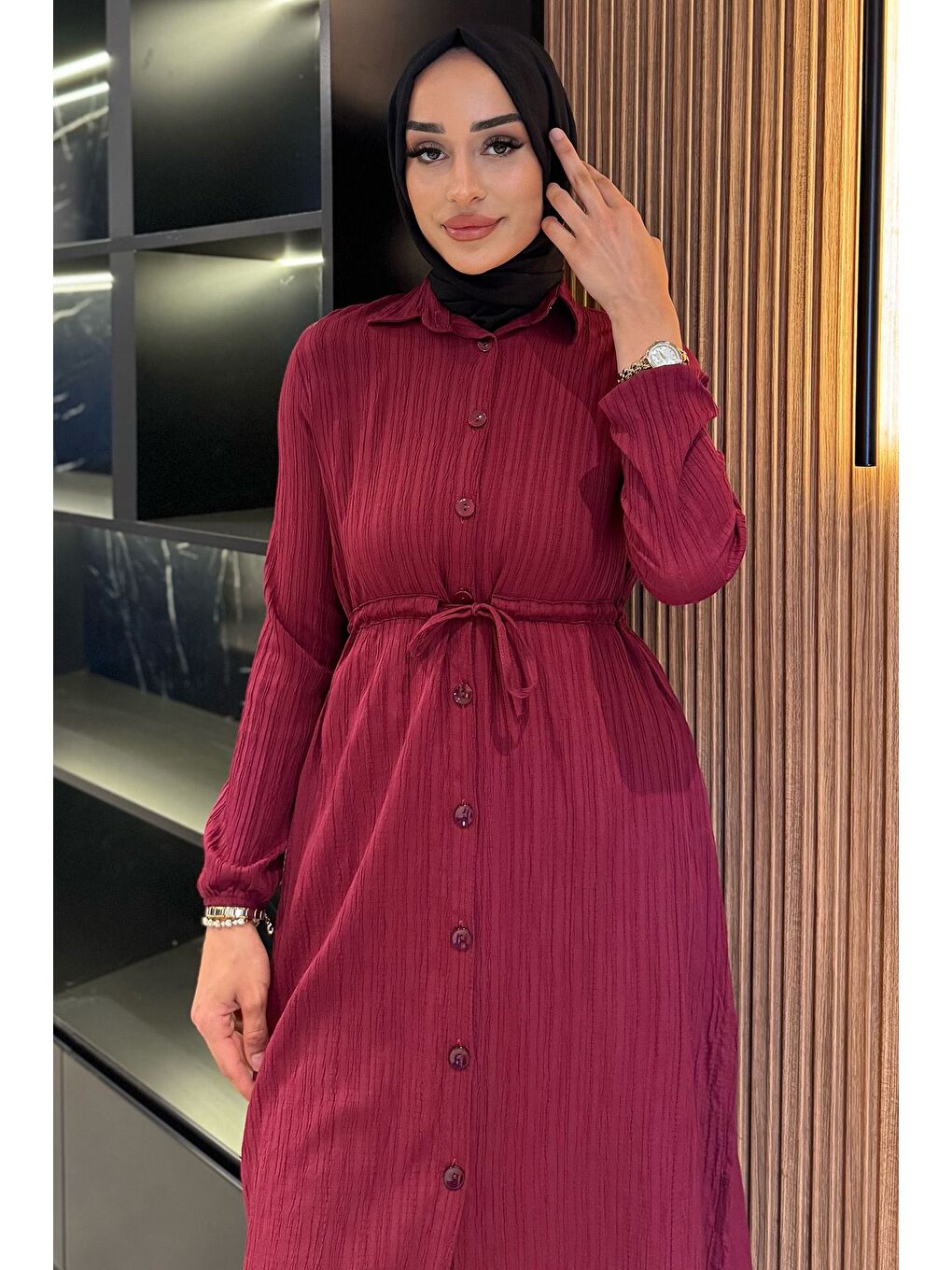 Mürdüm Kendinden Desenli Bel Bağlama Detaylı Tesettür Tunik Pantolon İkili Takım-1