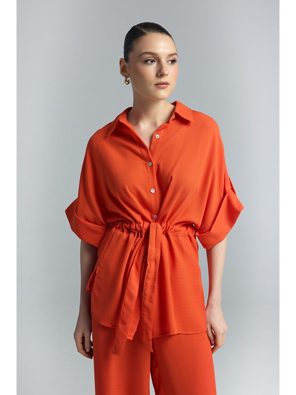 Turuncu Beli Bağlamalı Kimono Gömlek - Oranj-4