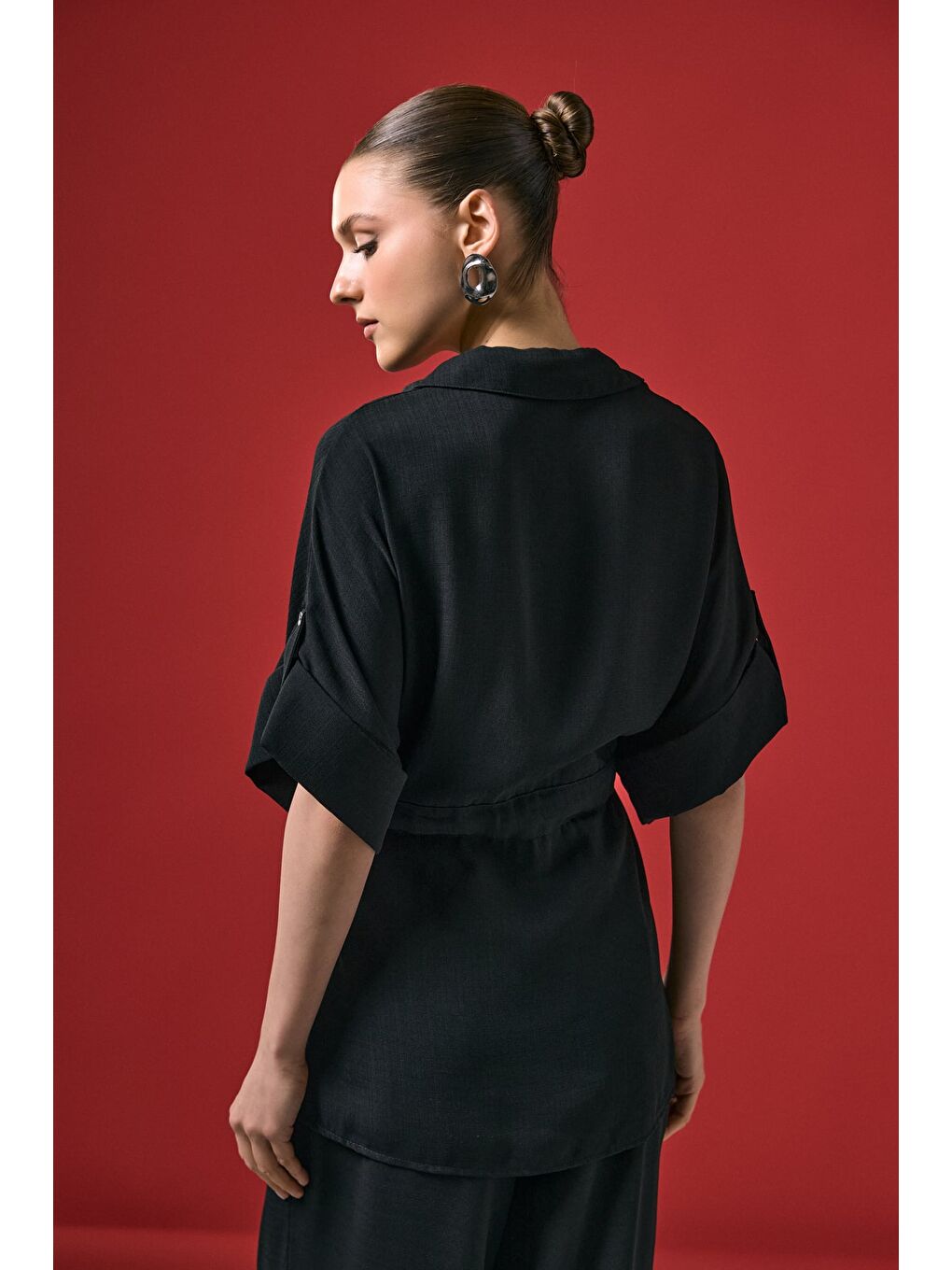 Beli Bağlamalı Kimono Gömlek - Siyah-6