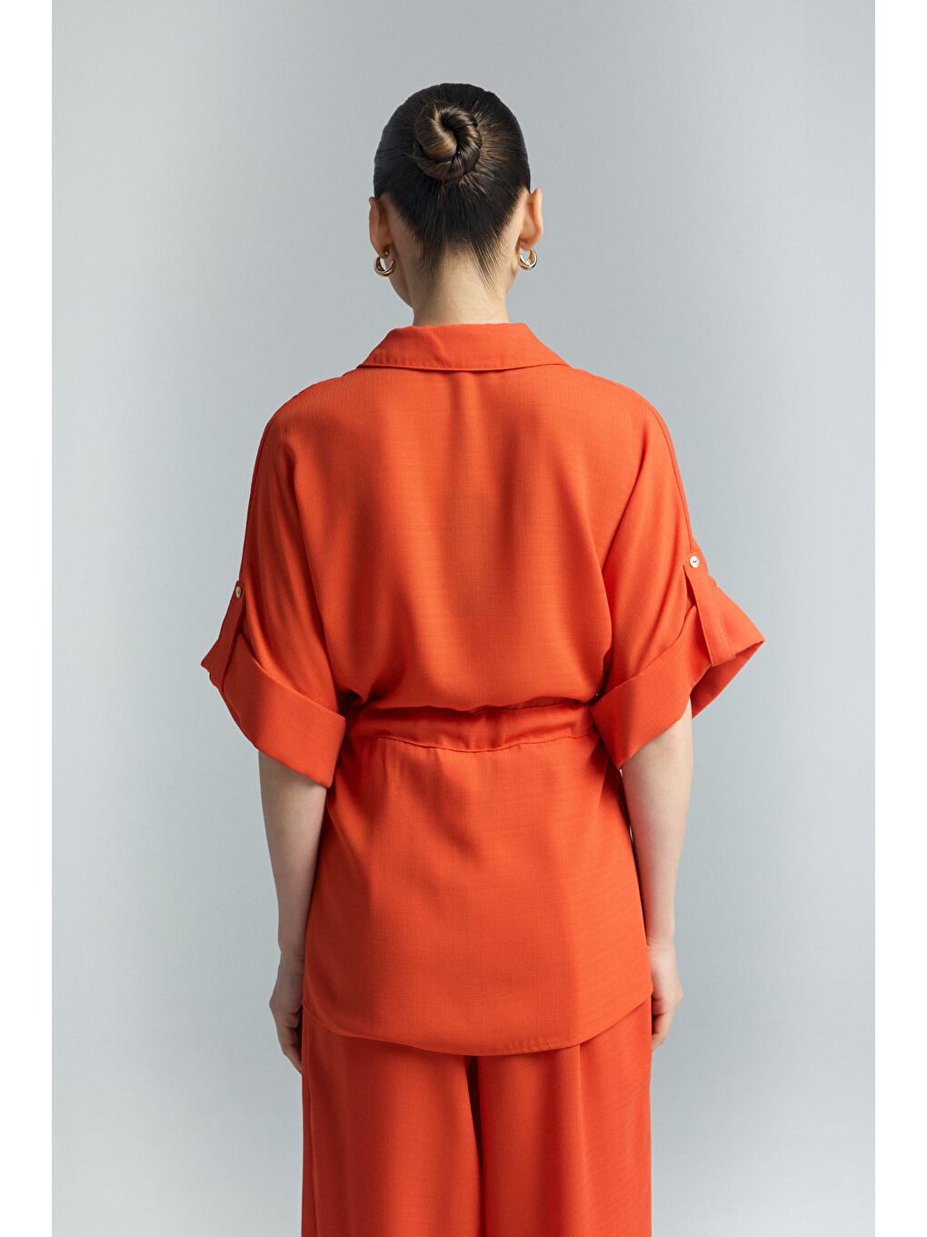 Turuncu Beli Bağlamalı Kimono Gömlek - Oranj-6