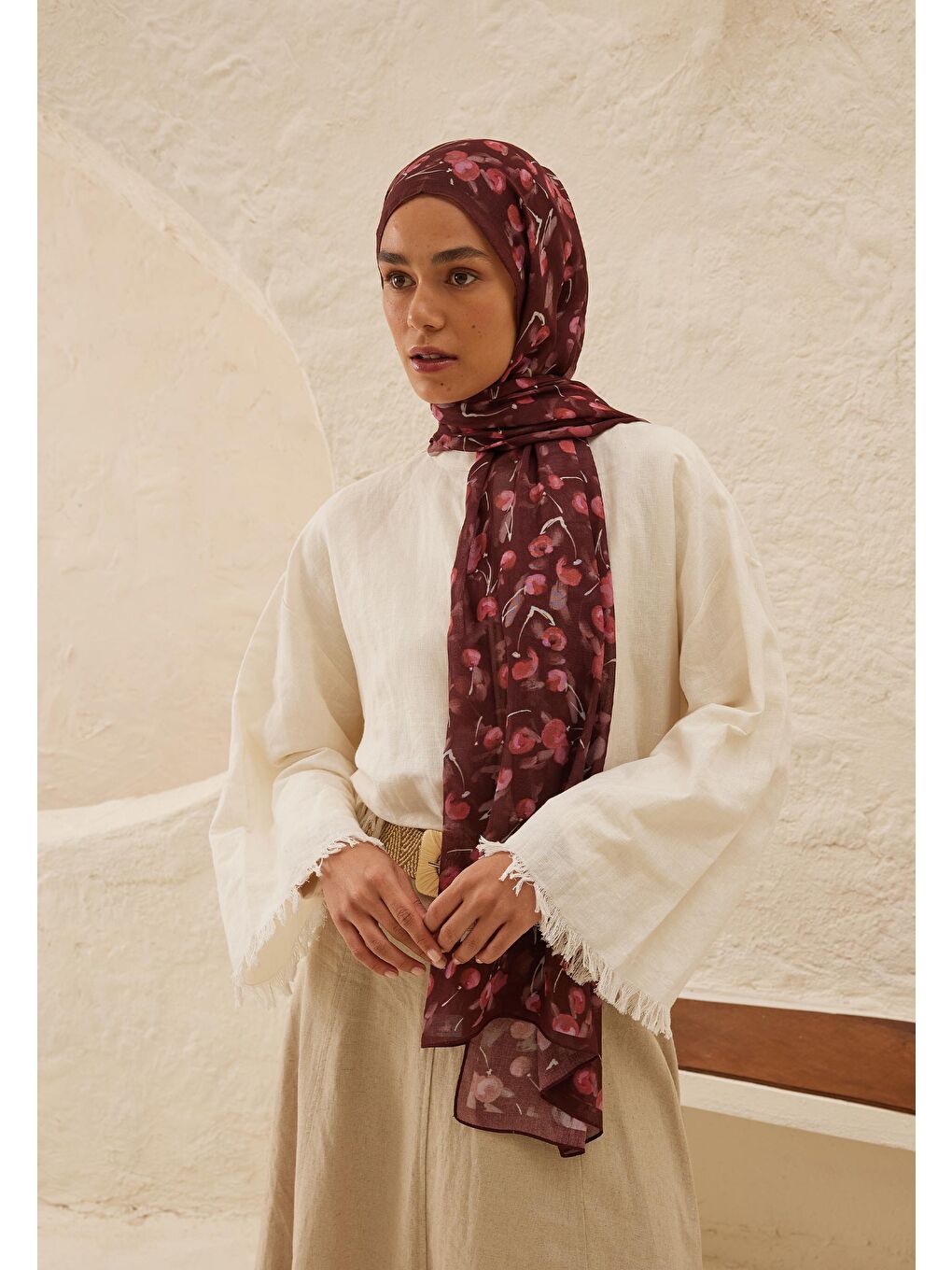 Cherry Desen Rami Şal Bordo-1