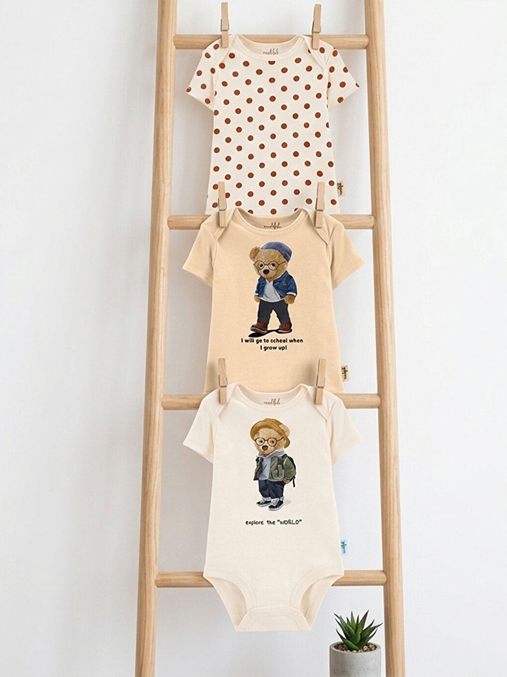 Yeşil 3'lü %100 Pamuklu Organik Baskılı Kısa Kollu Çıtçıtlı Bebek Body Zıbın 843-829-1