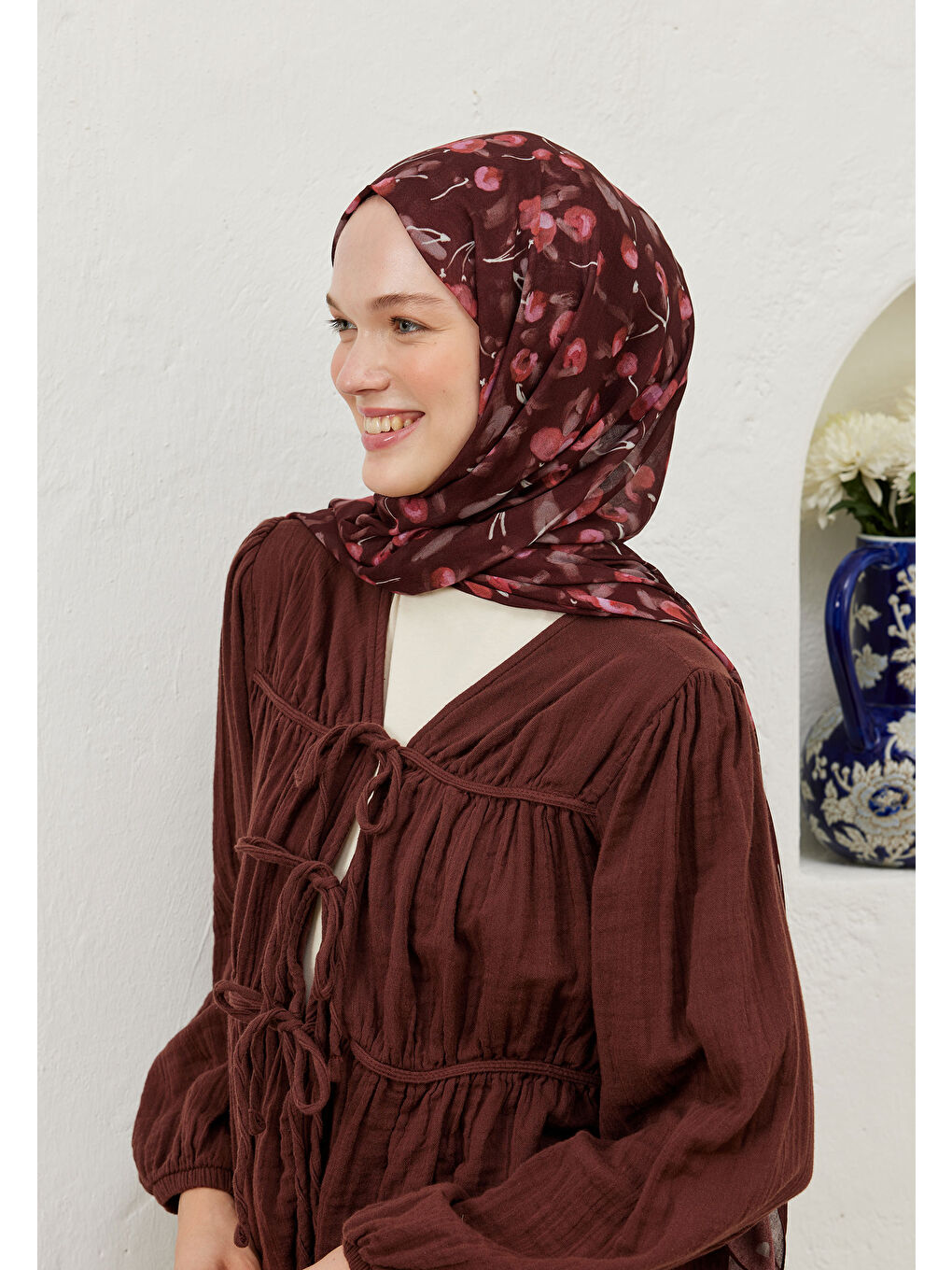 Cherry Desen Rami Şal Bordo-3