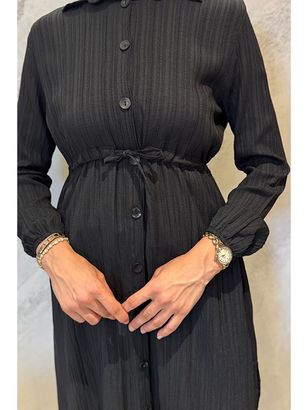 Siyah Kendinden Desenli Bel Bağlama Detaylı Tesettür Tunik Pantolon İkili Takım-2