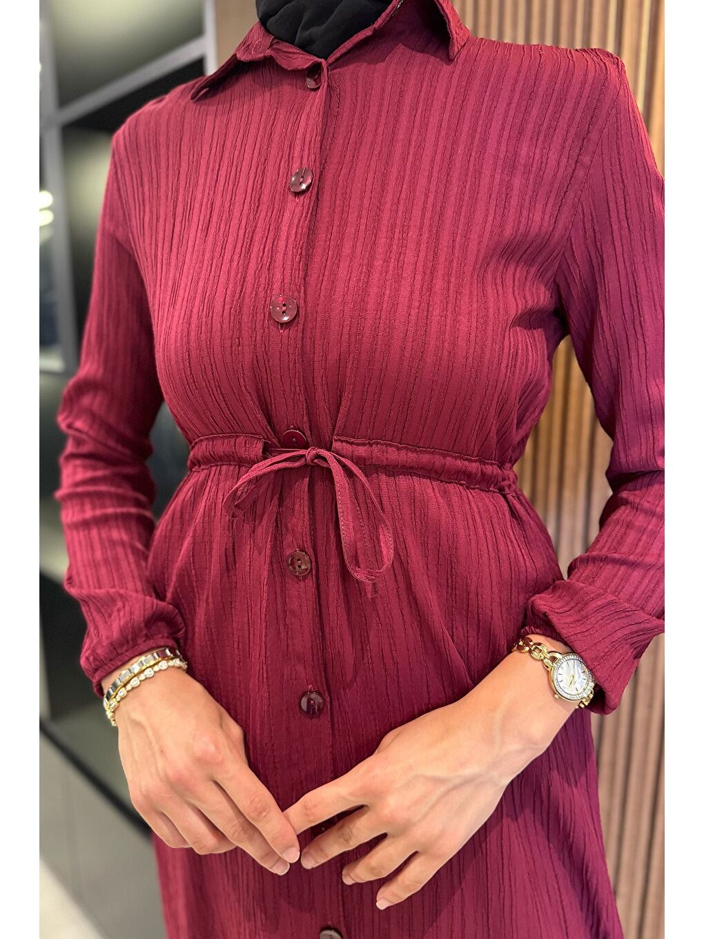 Mürdüm Kendinden Desenli Bel Bağlama Detaylı Tesettür Tunik Pantolon İkili Takım-3