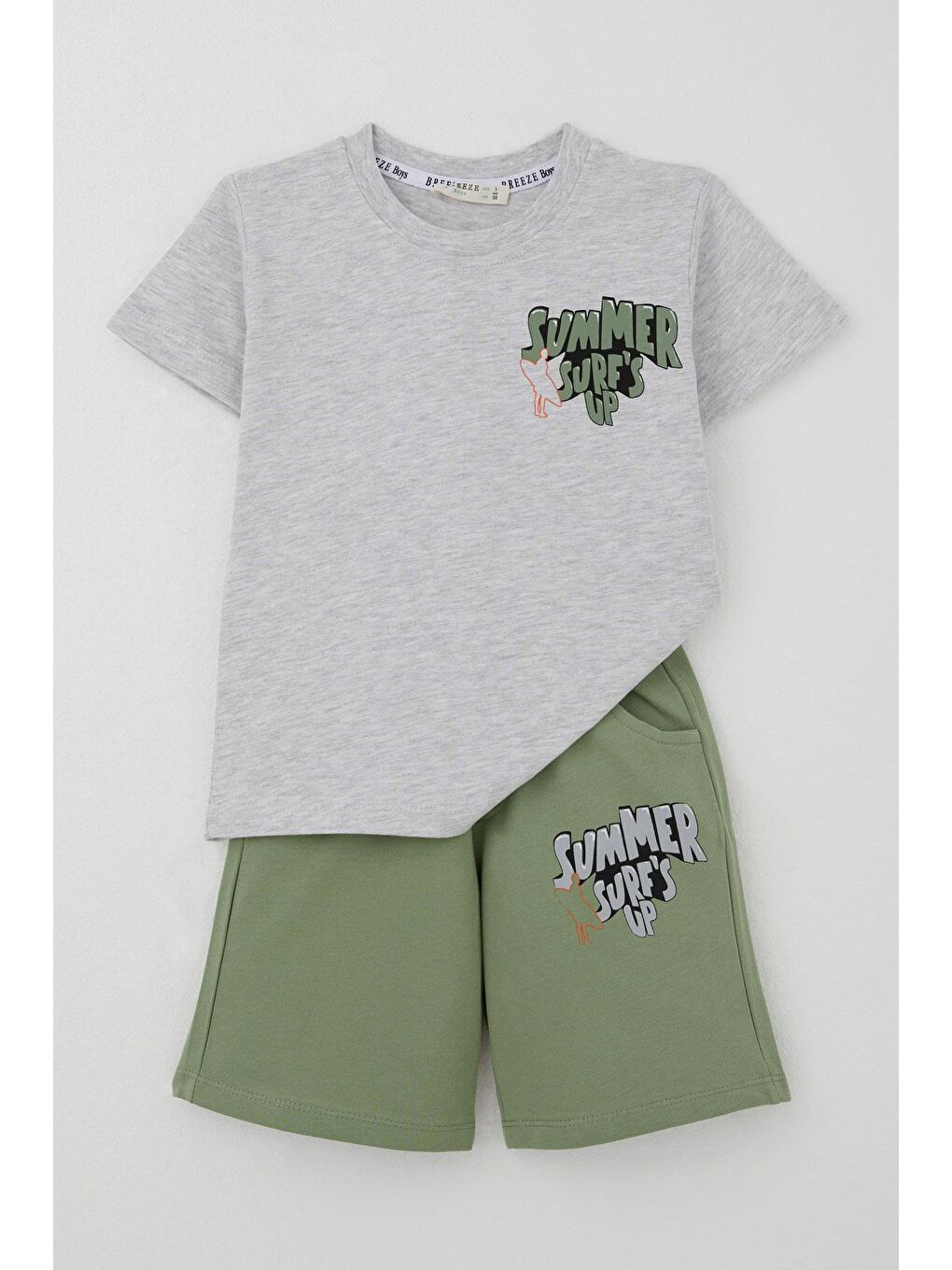 Erkek Çocuk Şortlu Takım Yaz Temalı Sörf Macerası Açık Gri Melanj (3-8 Yaş)