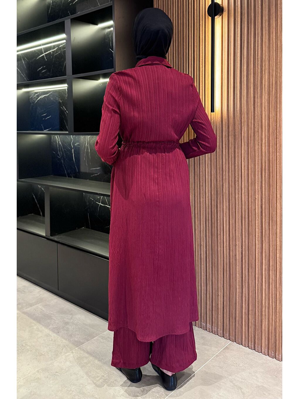 Mürdüm Kendinden Desenli Bel Bağlama Detaylı Tesettür Tunik Pantolon İkili Takım-4