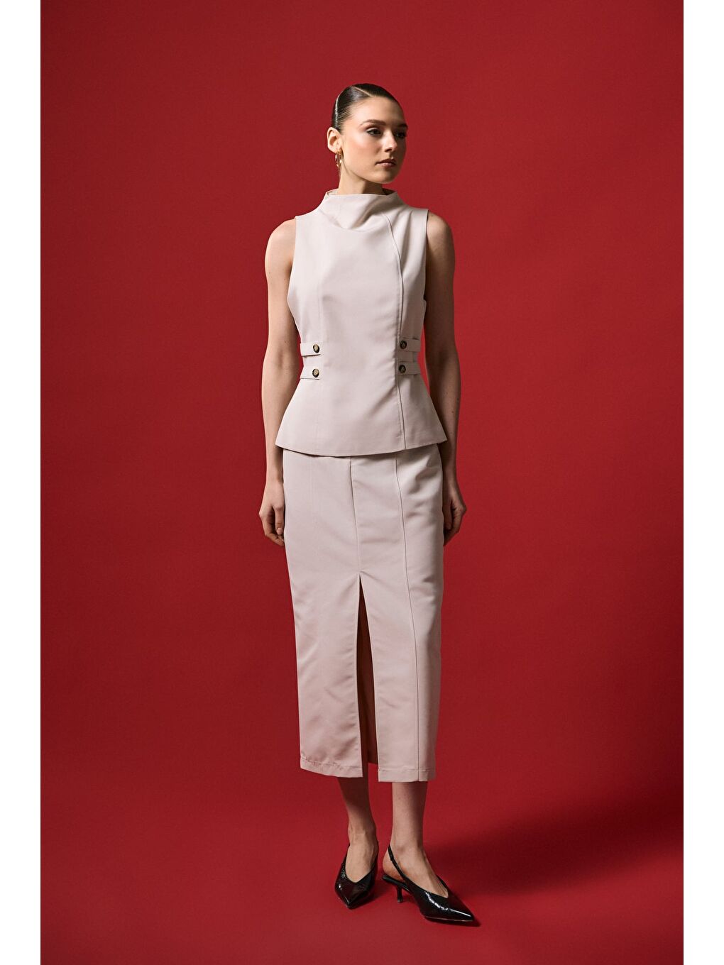 Jessi Yırtmaçlı Etek - Bej-2