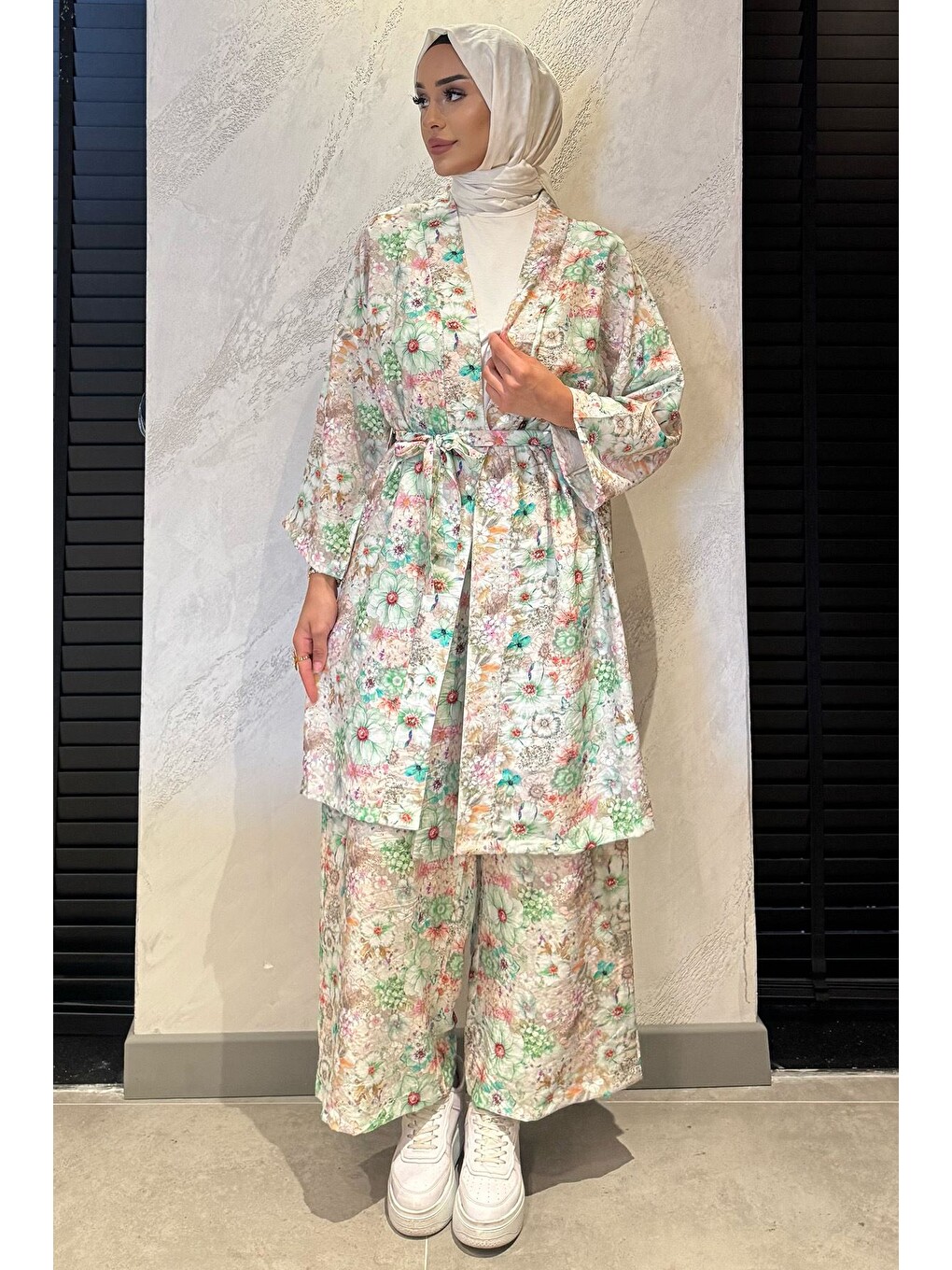 Yeşil Çiçek Desenli Kimono Pantolon Tesettür İkili Takım-1