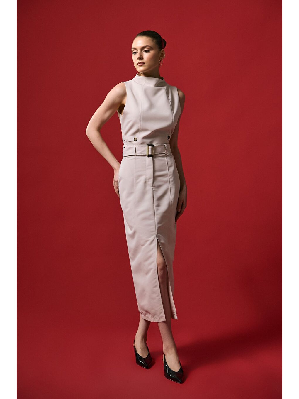 Jessi Yırtmaçlı Etek - Bej-3