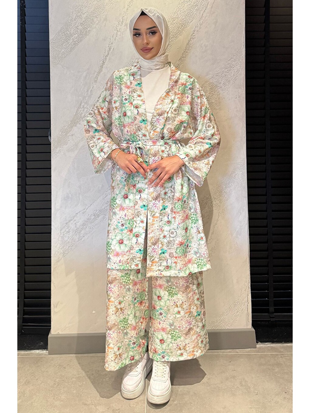 Yeşil Çiçek Desenli Kimono Pantolon Tesettür İkili Takım-3