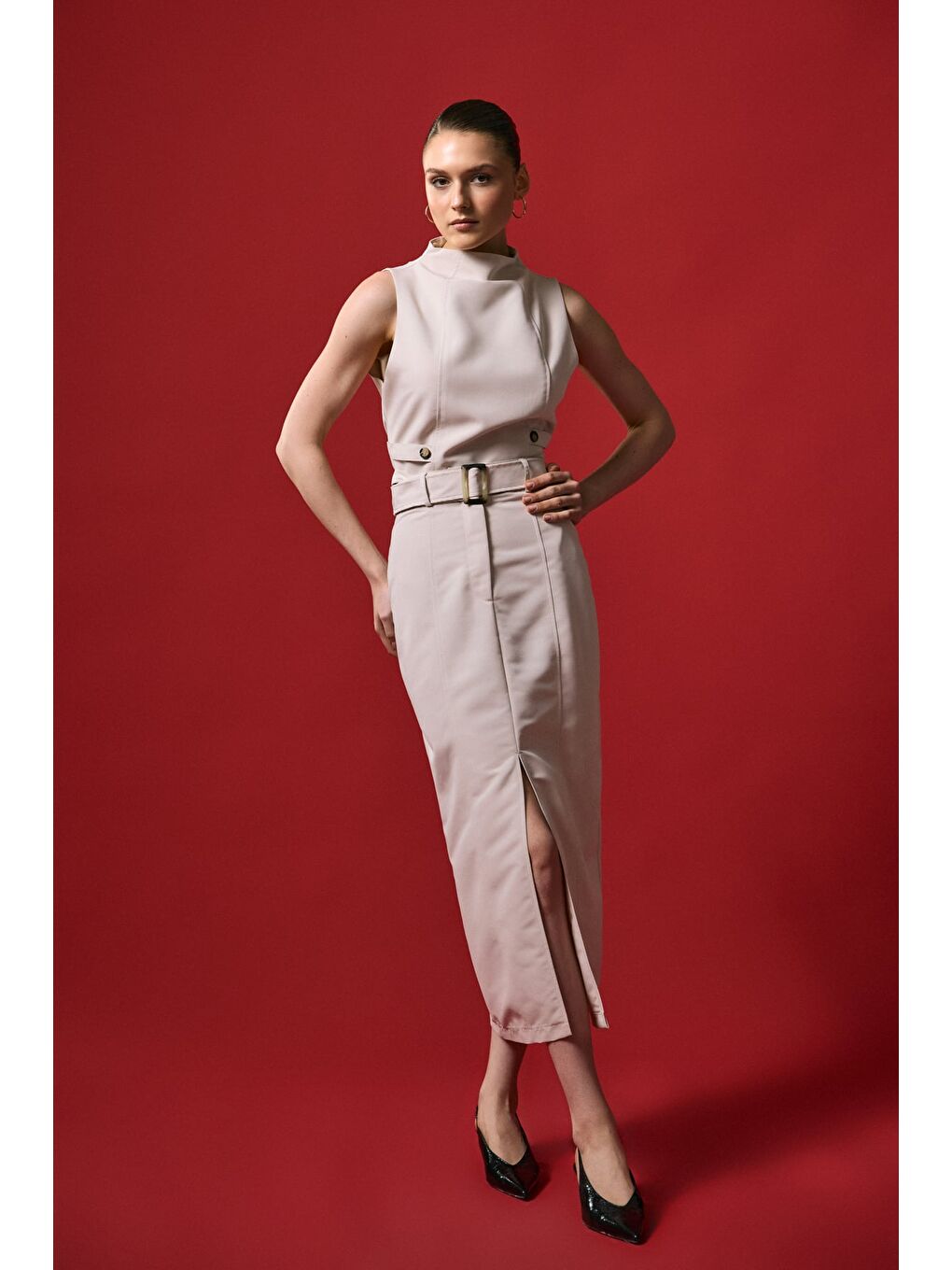 Jessi Yırtmaçlı Etek - Bej-4