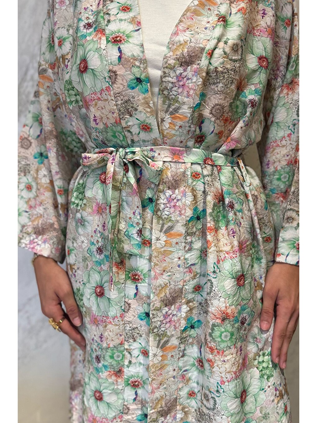 Yeşil Çiçek Desenli Kimono Pantolon Tesettür İkili Takım-4