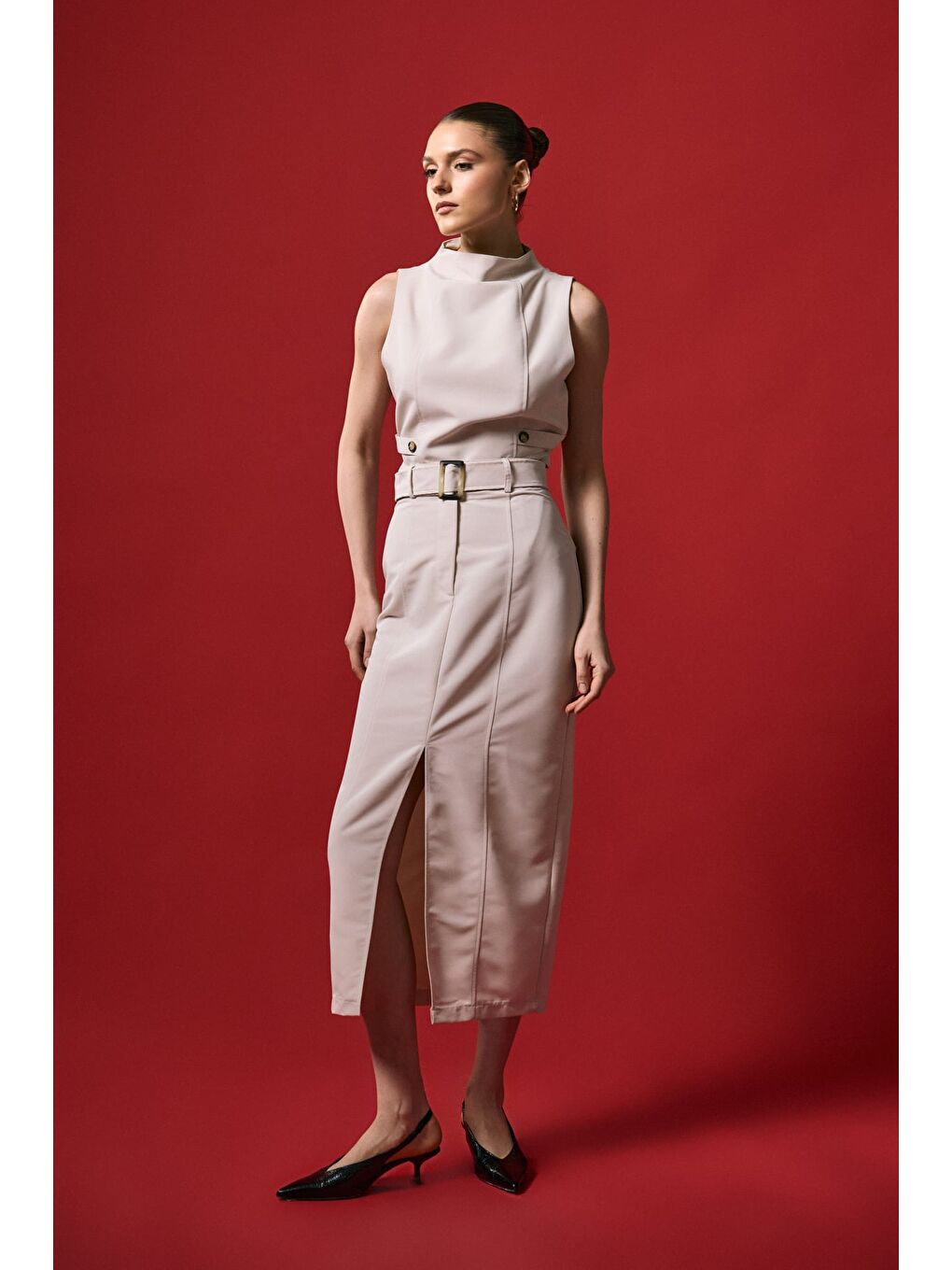 Jessi Yırtmaçlı Etek - Bej-5