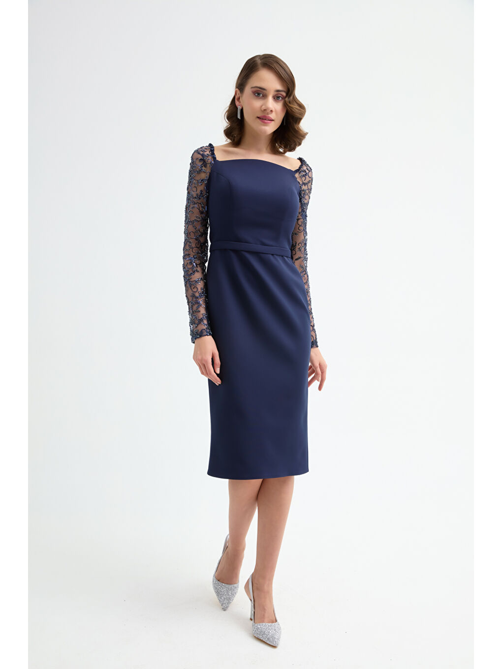 Kadın Lacivert Kol Detaylı Söz Nişan Nikah Abiye Elbise-1