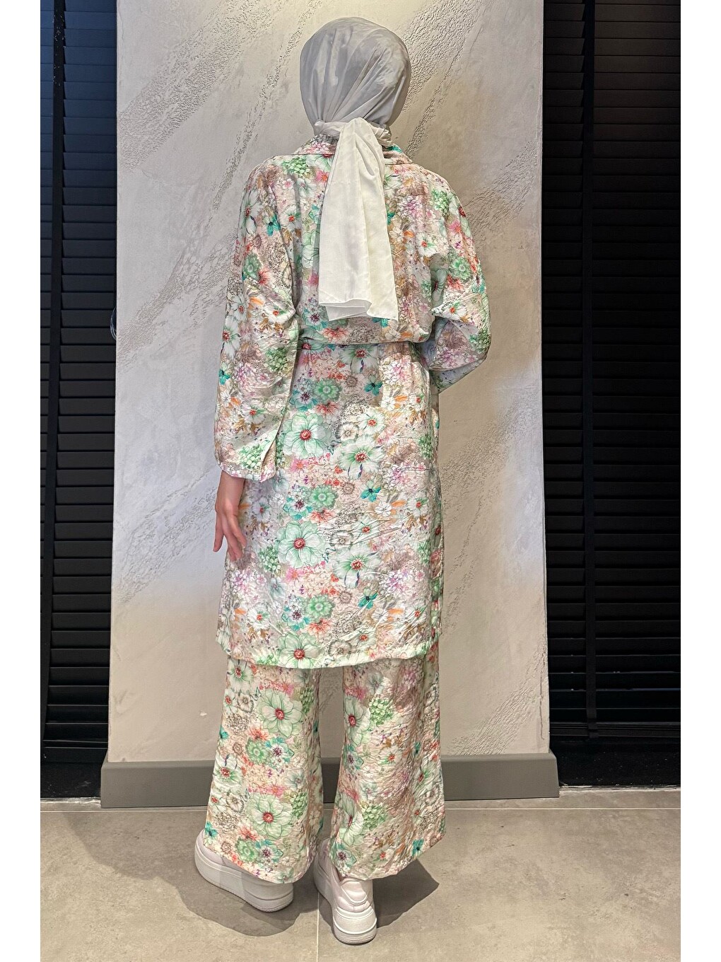 Yeşil Çiçek Desenli Kimono Pantolon Tesettür İkili Takım-7