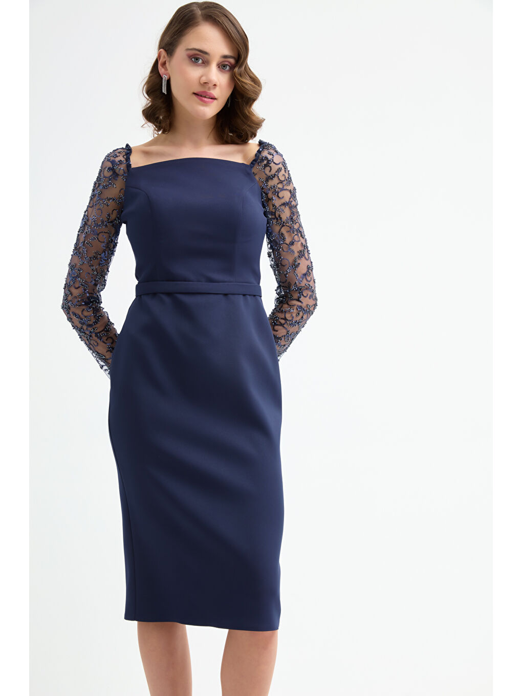 Kadın Lacivert Kol Detaylı Söz Nişan Nikah Abiye Elbise-2