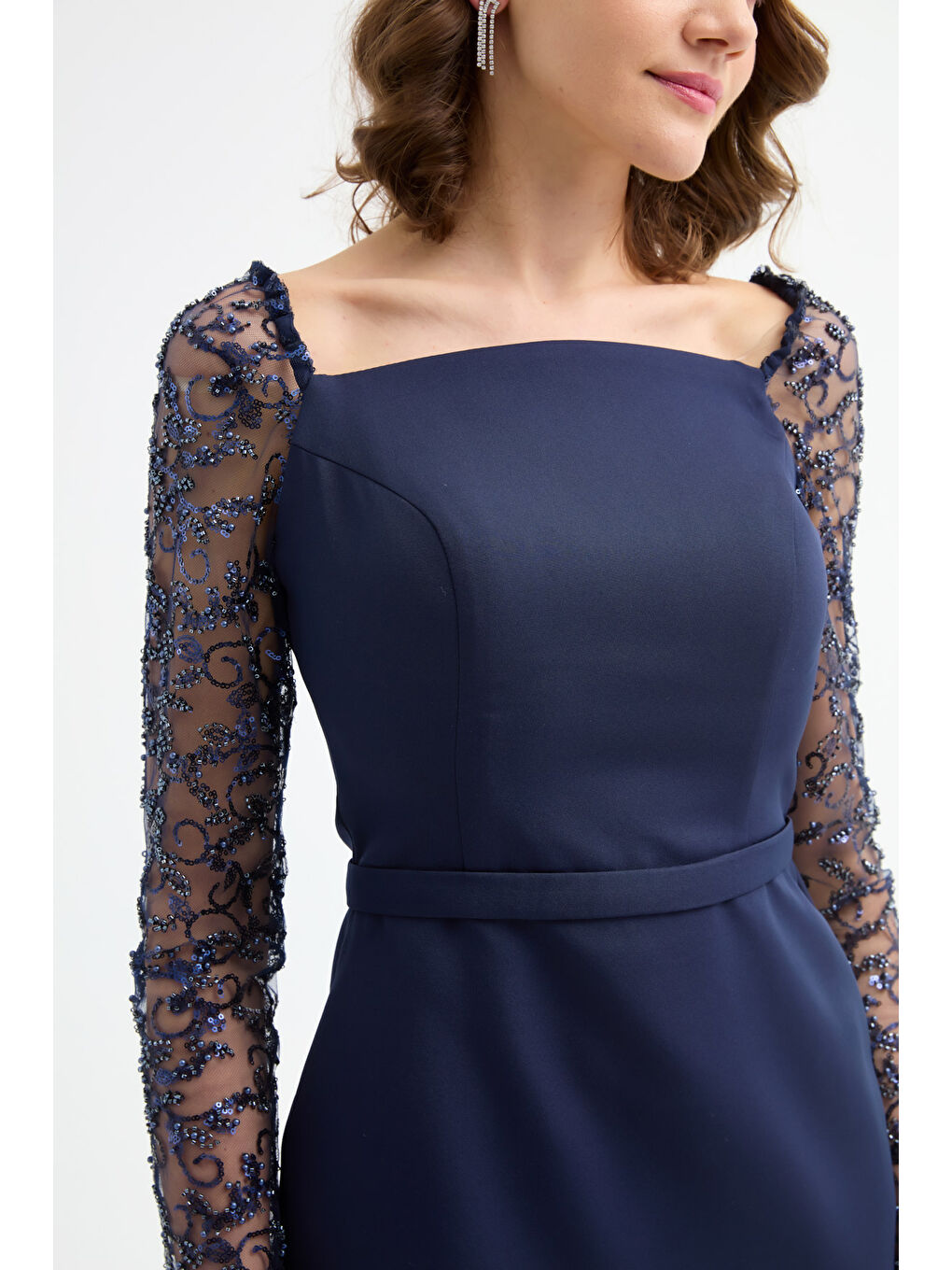 Kadın Lacivert Kol Detaylı Söz Nişan Nikah Abiye Elbise-3