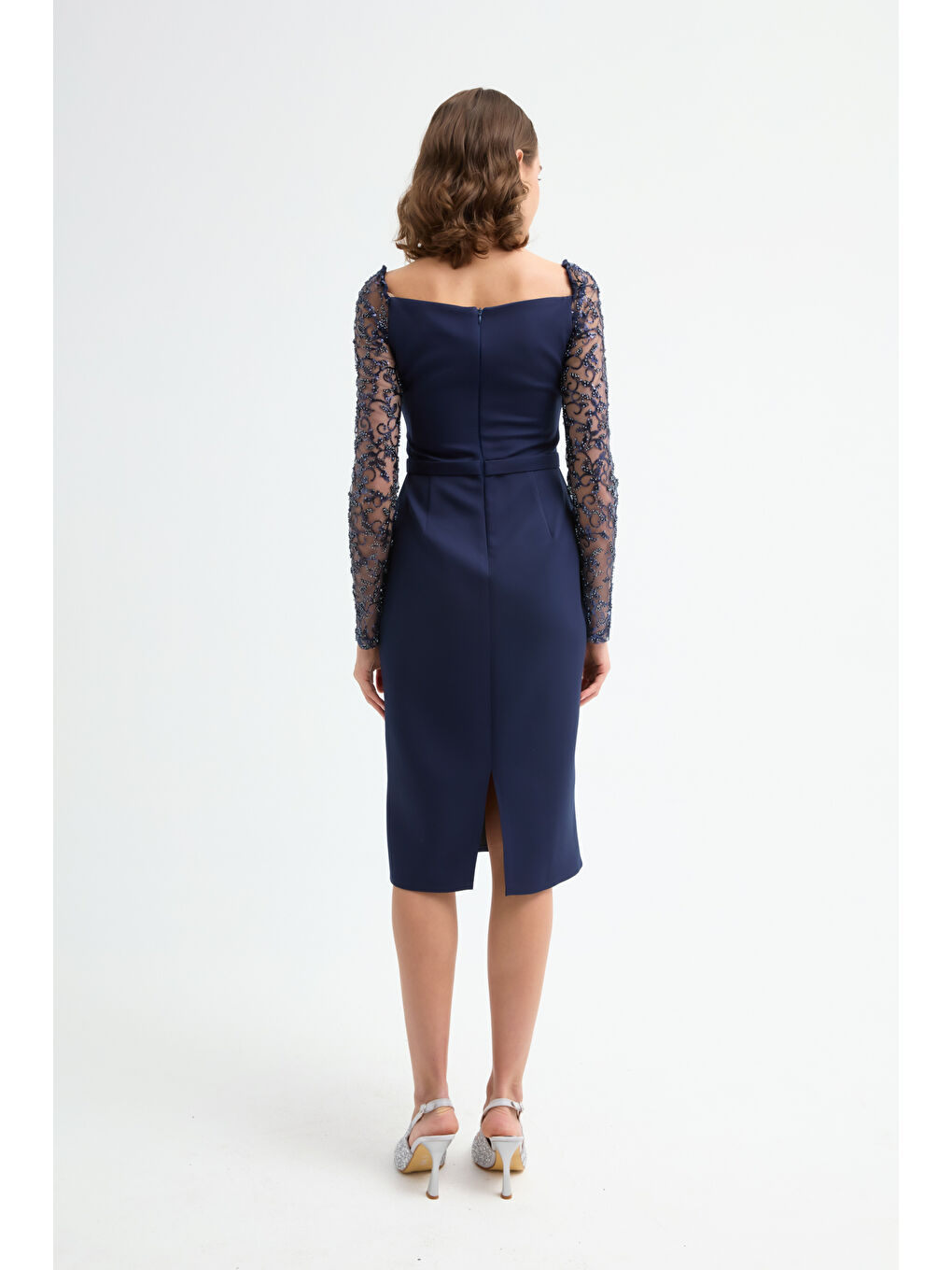 Kadın Lacivert Kol Detaylı Söz Nişan Nikah Abiye Elbise-4