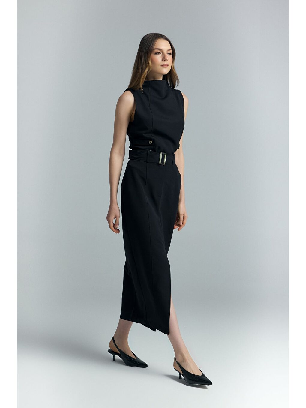 Jessi Yırtmaçlı Etek - Siyah-1