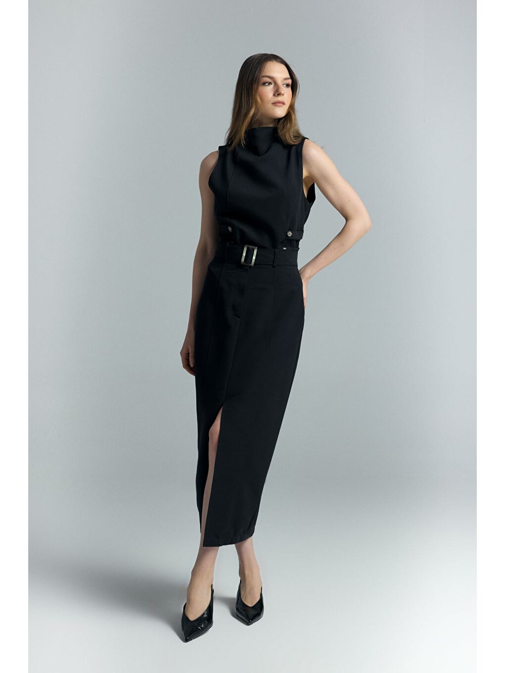 Jessi Yırtmaçlı Etek - Siyah-2