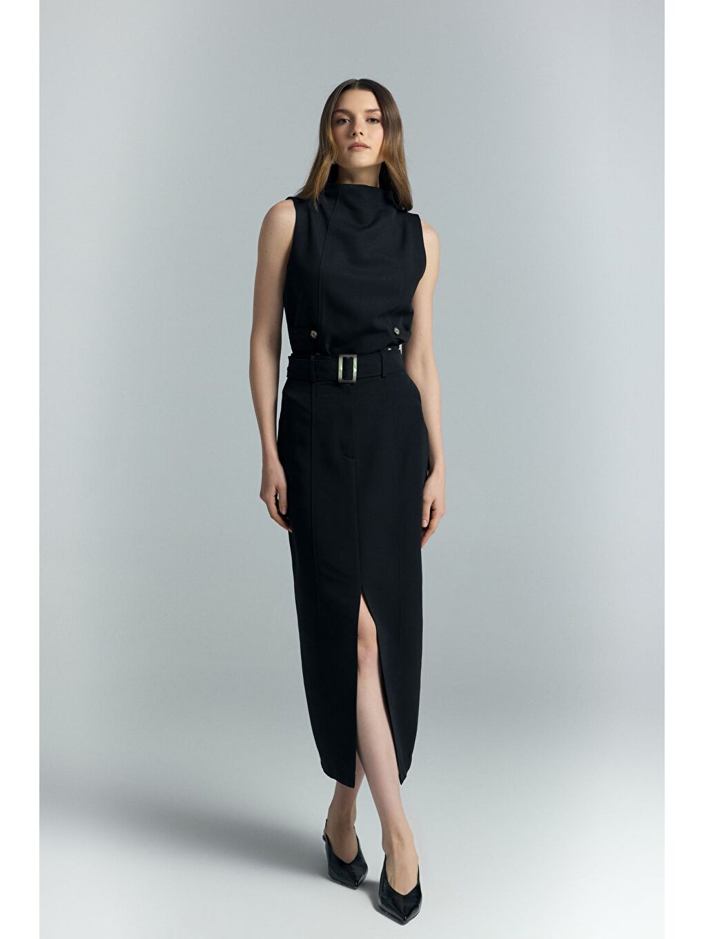 Jessi Yırtmaçlı Etek - Siyah-3