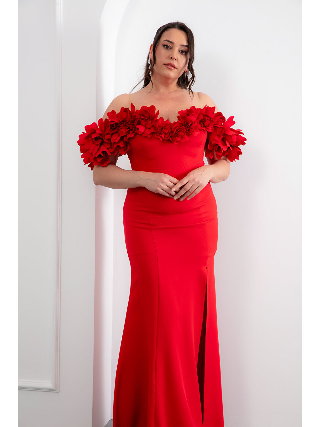 Kadın Kırmızı Omuz Detaylı Büyük Beden Abiye Elbise-2