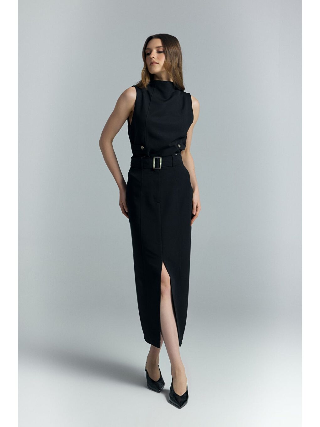 Jessi Yırtmaçlı Etek - Siyah-4