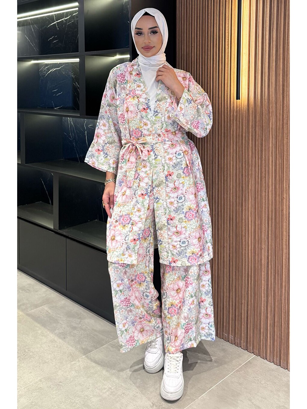 Pembe Çiçek Desenli Kimono Pantolon Tesettür İkili Takım