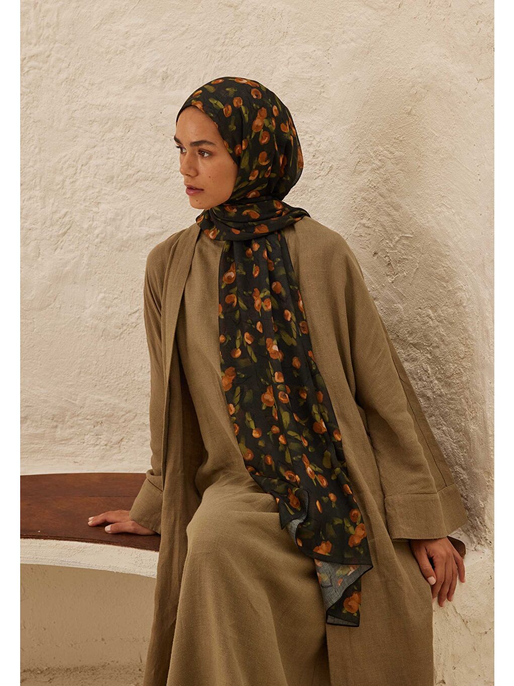 Kahverengi Cherry Desen Rami Şal Kahve-1