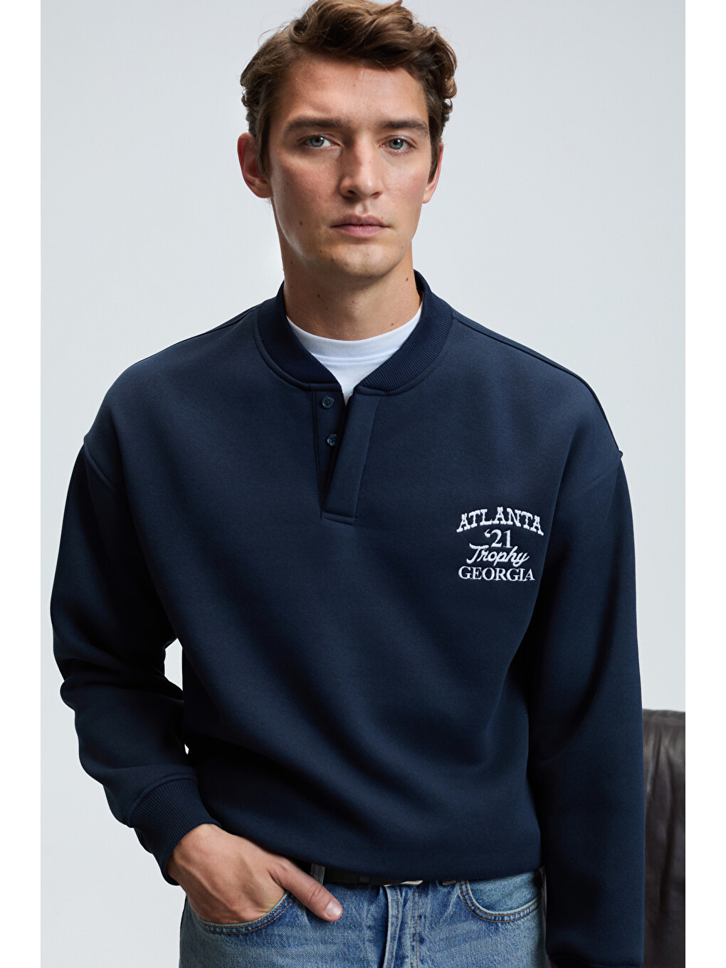 Jethro Erkek Bomber Yaka Patlı Düğmeli Göğsü Nakışlı Relaxed Fit Lacivert Sweatshirt-1