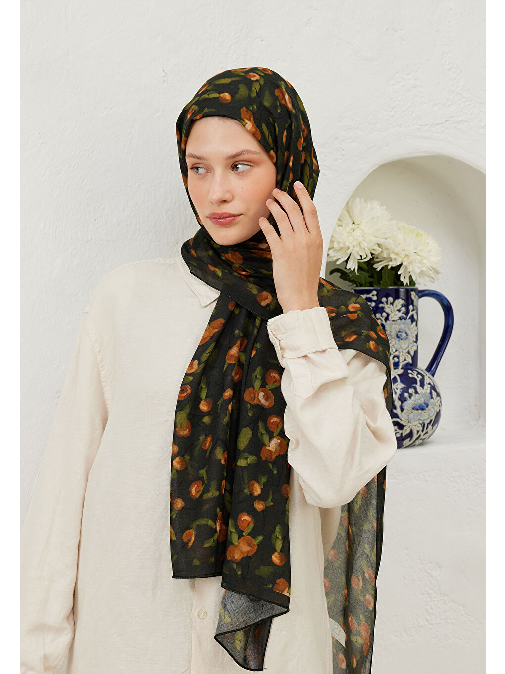 Kahverengi Cherry Desen Rami Şal Kahve-4