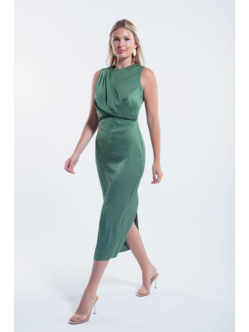 Kadın Haki Bisiklet Yaka Midi Saten Elbise