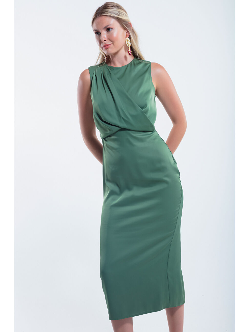 Kadın Haki Bisiklet Yaka Midi Saten Elbise-1