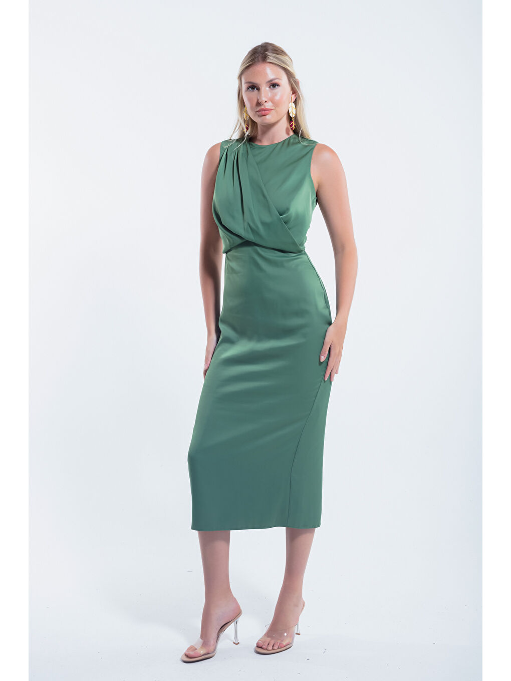 Kadın Haki Bisiklet Yaka Midi Saten Elbise-2