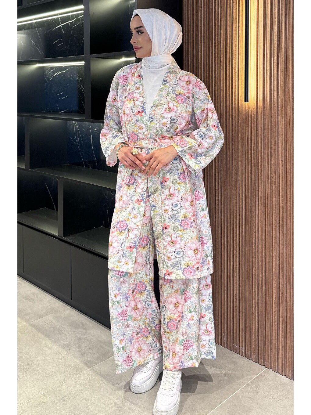 Pembe Çiçek Desenli Kimono Pantolon Tesettür İkili Takım-2
