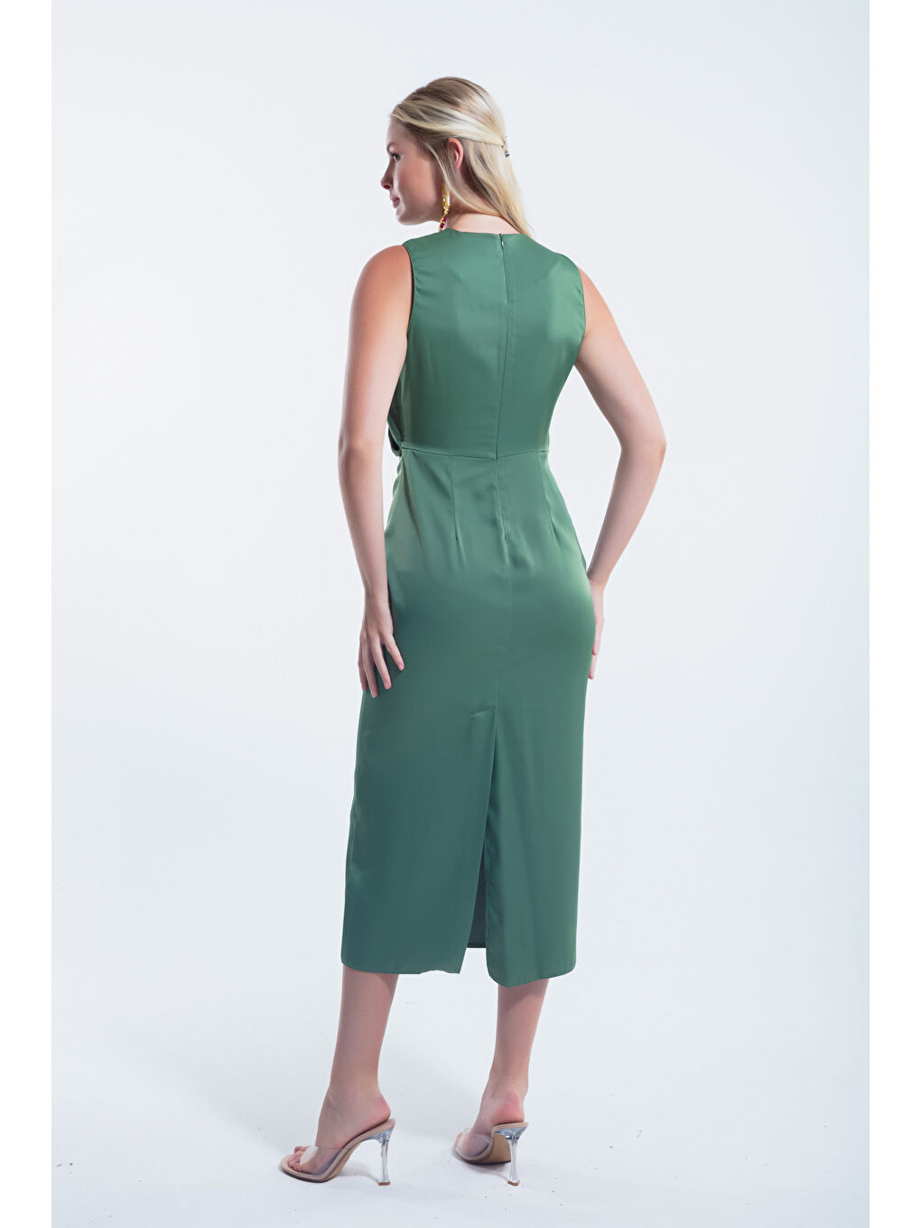 Kadın Haki Bisiklet Yaka Midi Saten Elbise-4