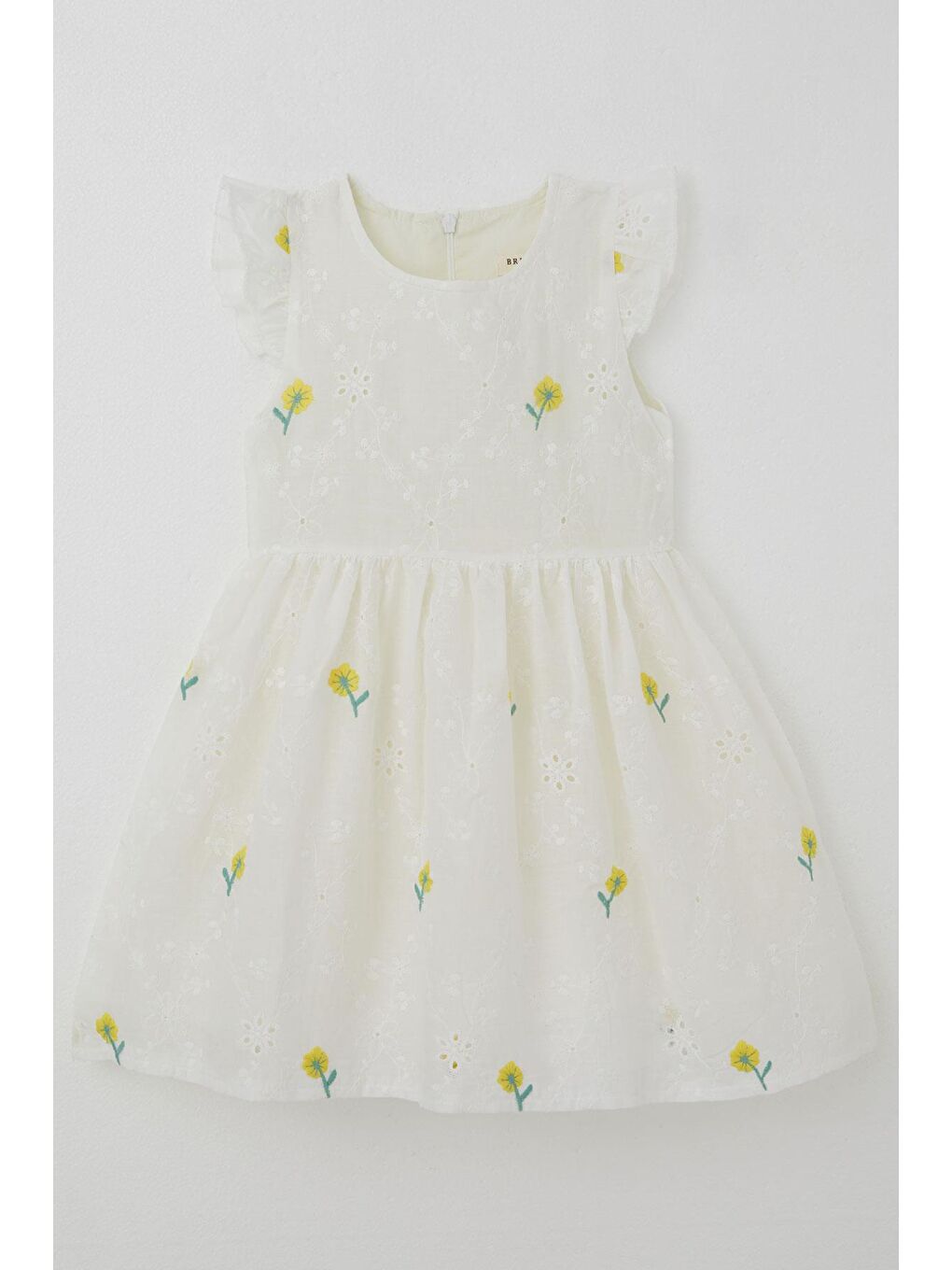 Kız Çocuk Elbise Çiçek Nakışlı Güpür Detaylı Ekru (3-7 Yaş)