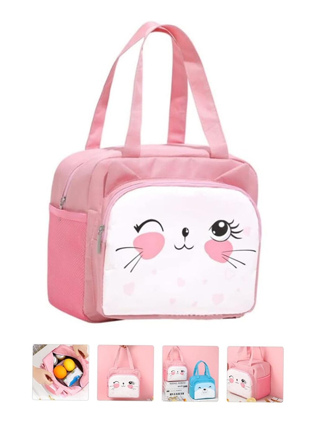 Pembe Göz Kırpan Kedi Termal Yemek Çantası 20 x 24 x 12 cm