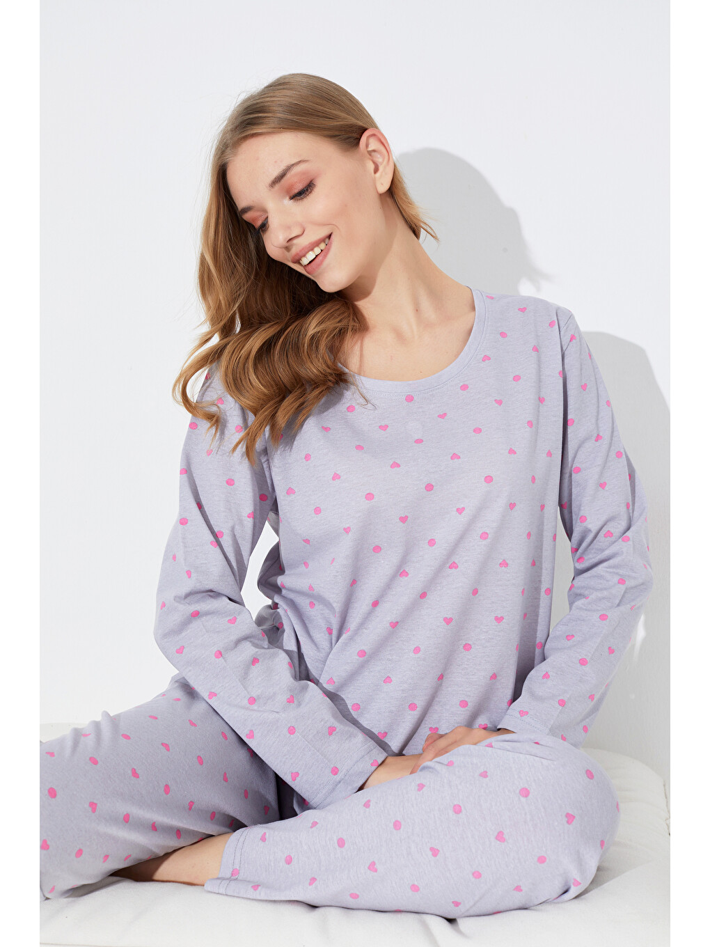 Gri Pembe Kalp Ve Puan Desenli Örme Pijama Takım 7792