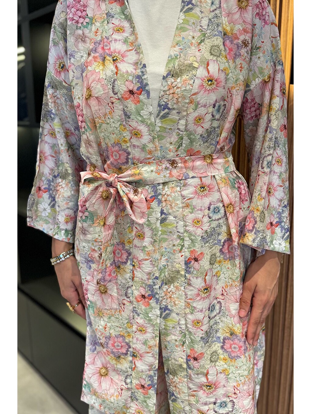 Pembe Çiçek Desenli Kimono Pantolon Tesettür İkili Takım-5