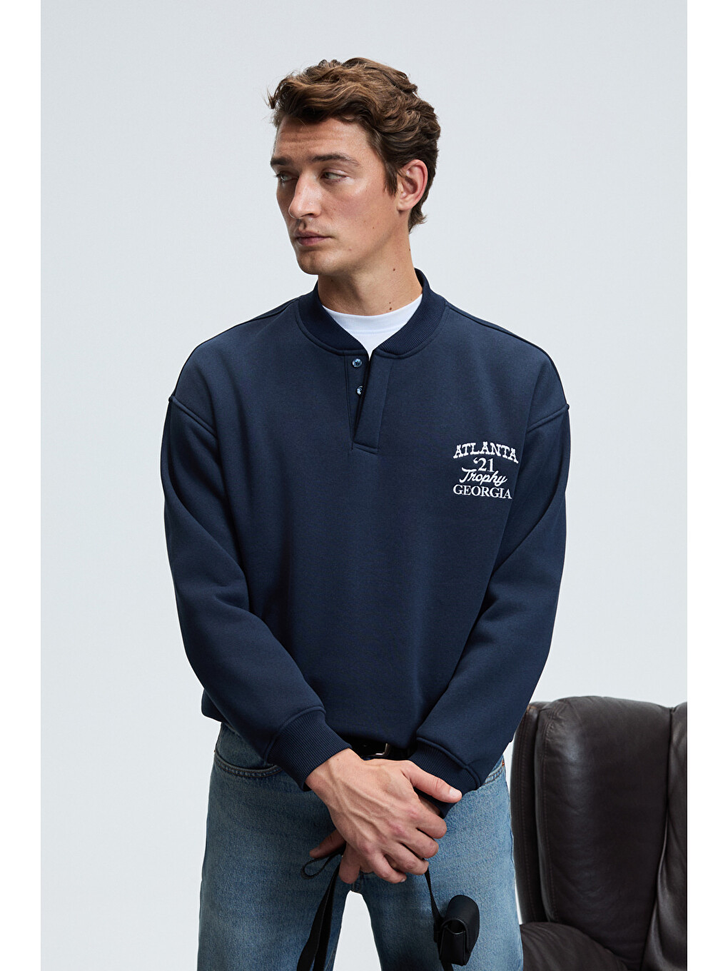 Jethro Erkek Bomber Yaka Patlı Düğmeli Göğsü Nakışlı Relaxed Fit Lacivert Sweatshirt-2