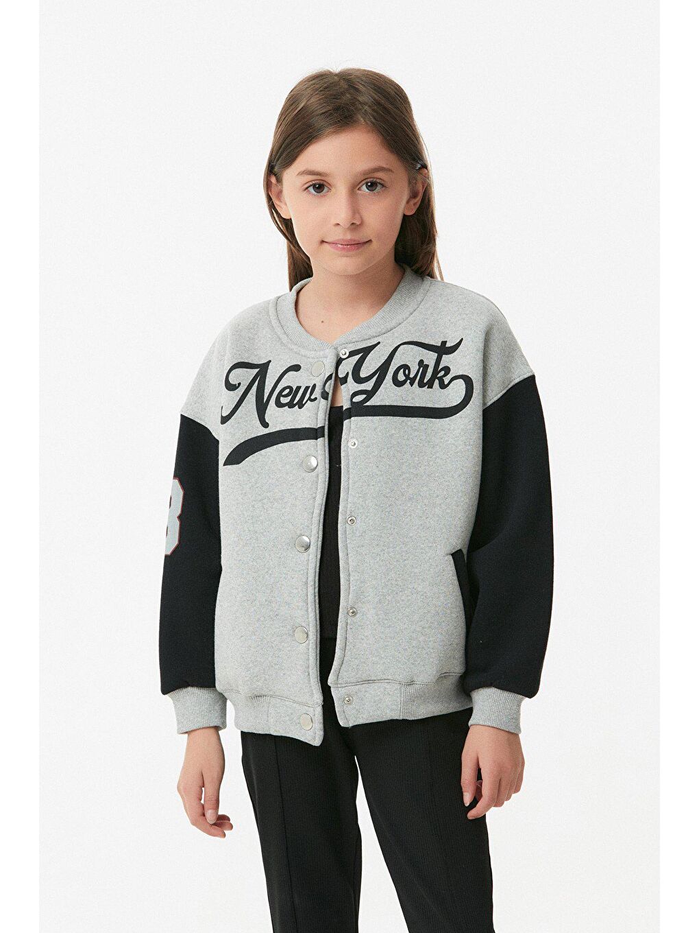 Gri New York Yazılı Çıtçıtlı Unisex Kolej Ceket