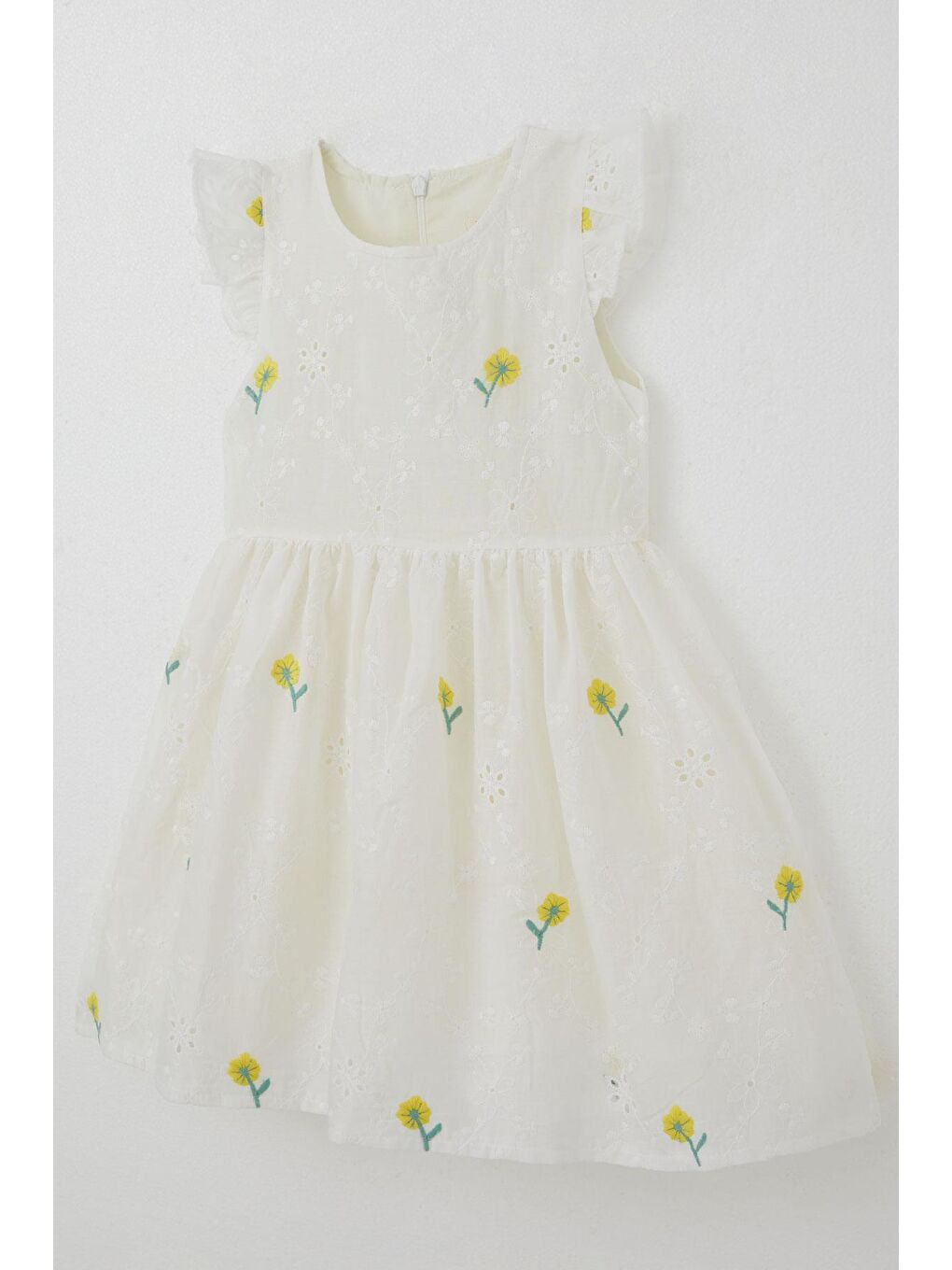 Kız Çocuk Elbise Çiçek Nakışlı Güpür Detaylı Ekru (3-7 Yaş)-2