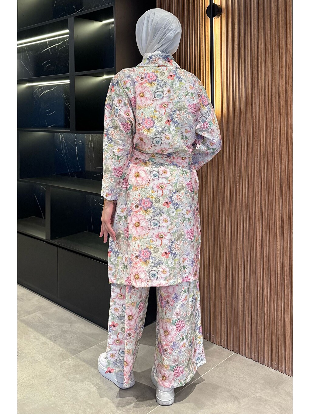 Pembe Çiçek Desenli Kimono Pantolon Tesettür İkili Takım-6
