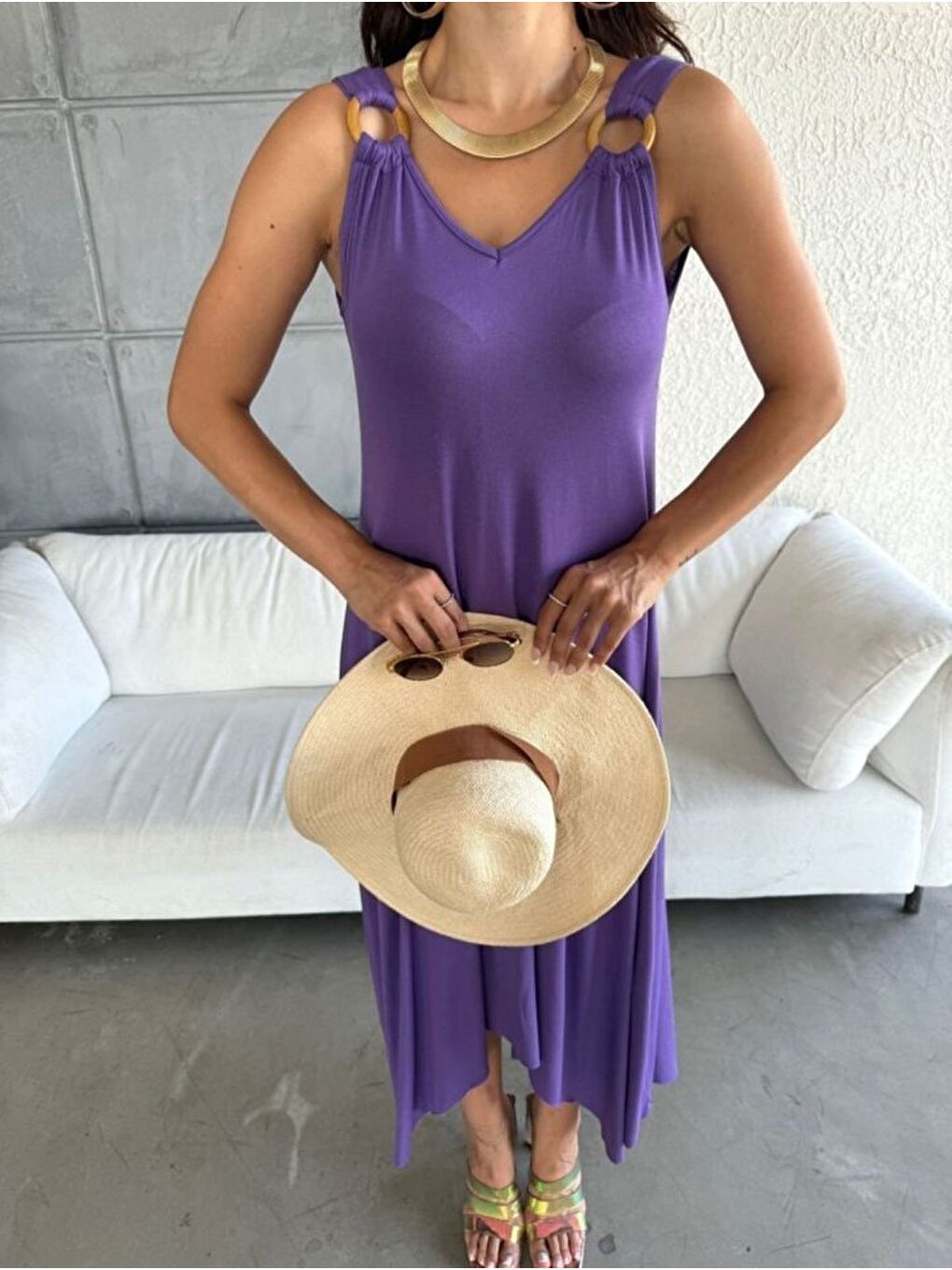 Mor Kadın çan Dokuma Kumaş V Yaka Asimetrik Kesim Elbise-1