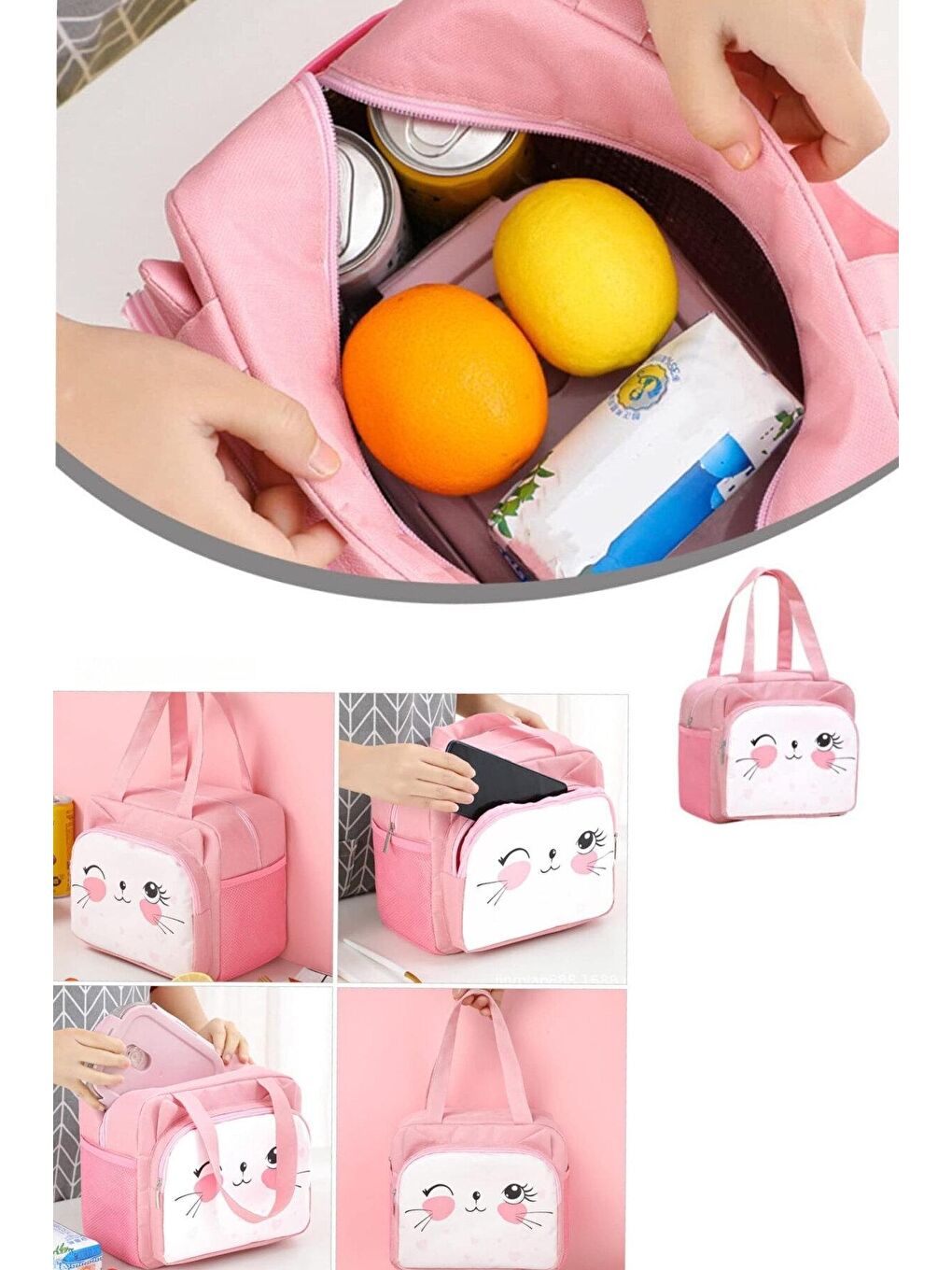 Pembe Göz Kırpan Kedi Termal Yemek Çantası 20 x 24 x 12 cm-1