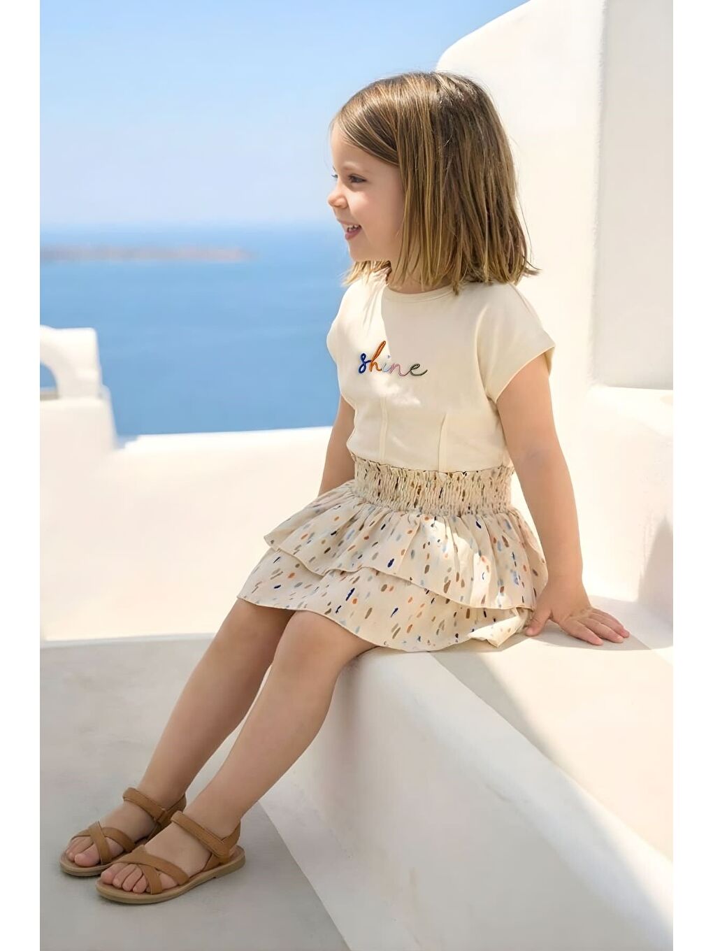 Ekru Kız Çocuk Nakışlı T-Shirt Ve Etek Takım  - Krem-1